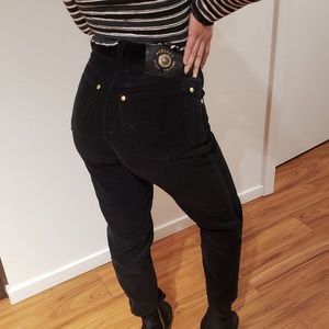 Versace high waist tapered black velvet mom jeans